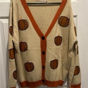 Pumpkin Patterned Cream and Orange Cardigan